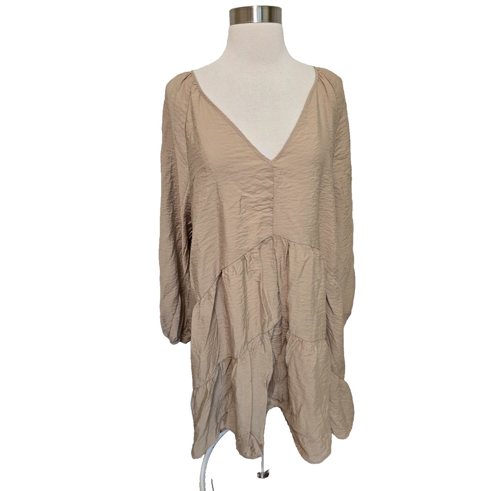 H&M Beige Tiered Babydoll Mini Dress Long Sleeve V-Neck Women's Large